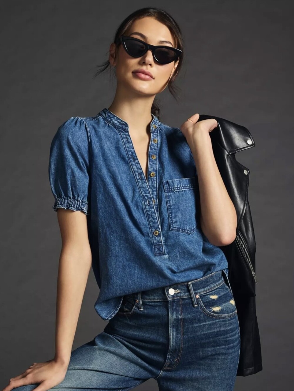 Pilcro Aly Denim Puff-Sleeve Blouse. Size Large